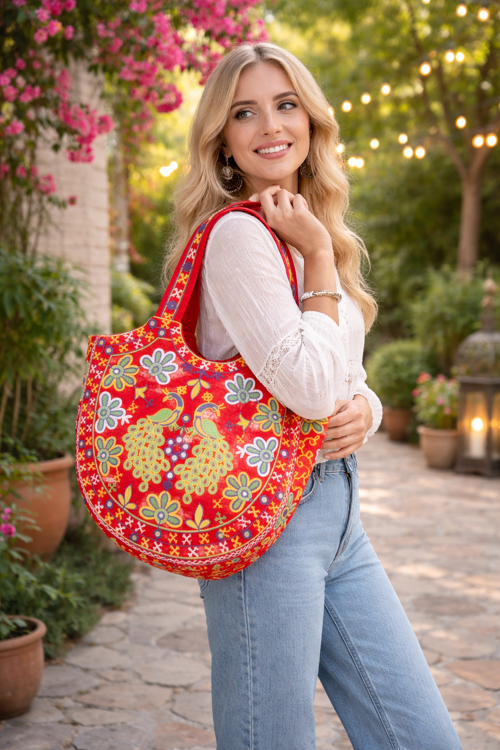 Embroidered Peacock Tote Bag