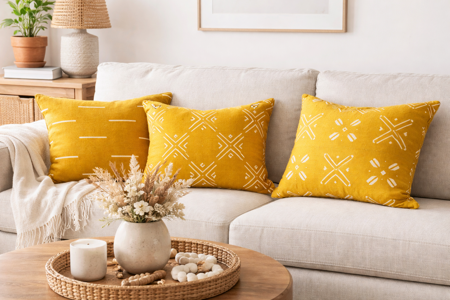Mustard Salu-Mud Cloth Cushions