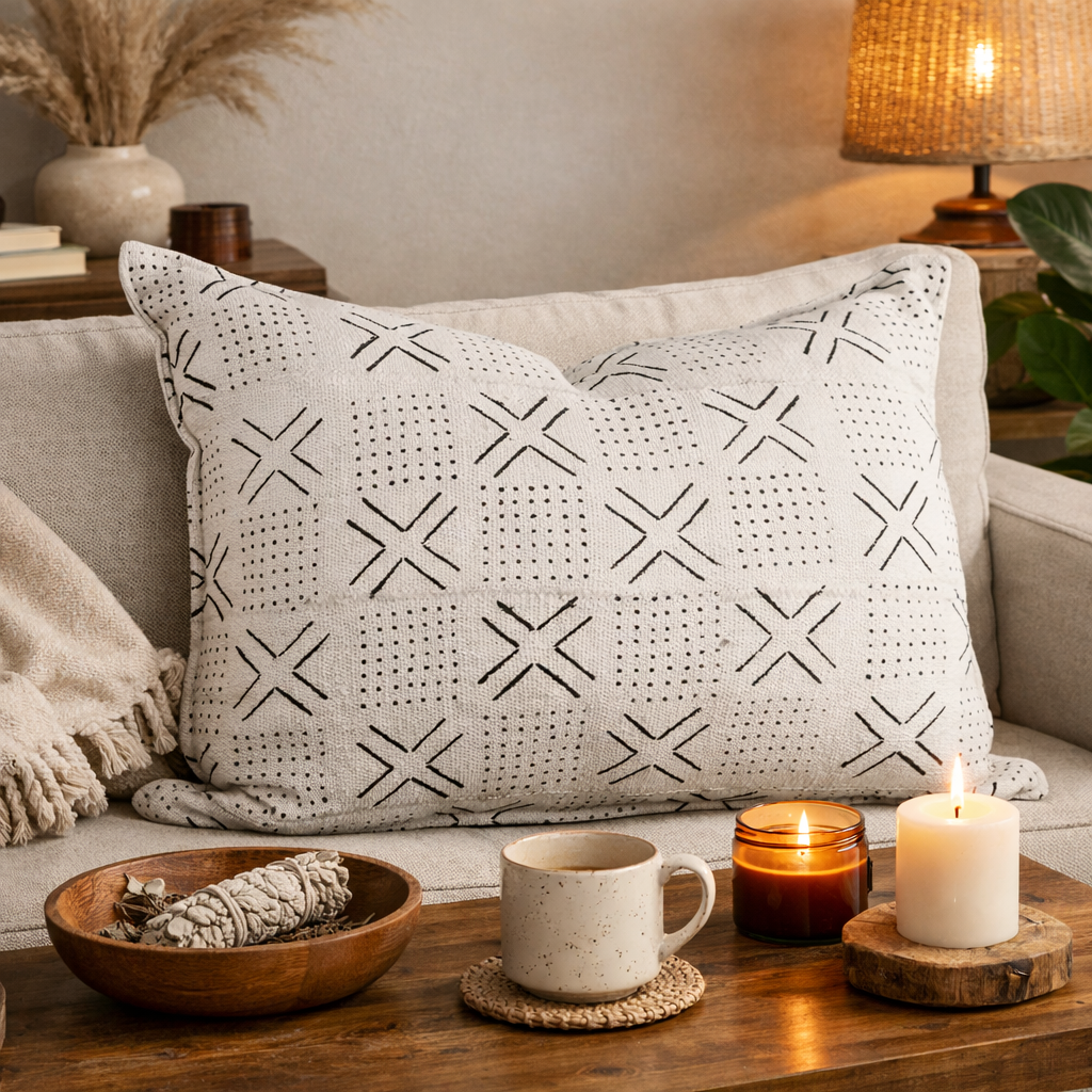 White Salu-Mud Cloth Cushion