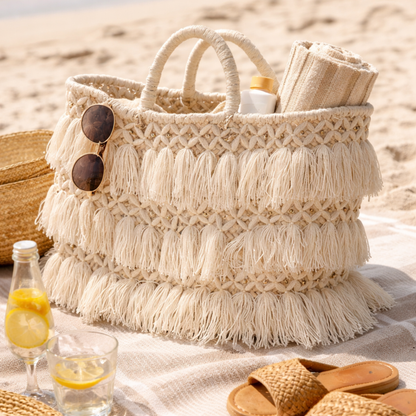 Handwoven Straw Tote Bag with Leather Handles