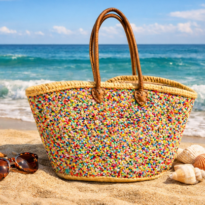 Handwoven Straw Tote Bag with Leather Handles